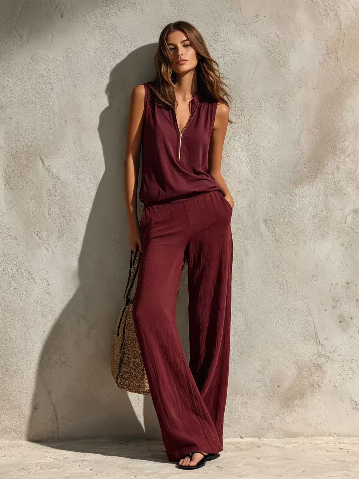 Resort-style Sleeveless Zip-neck Top And Relaxed-fit Pants Set – Premium 0 | RICALOUX