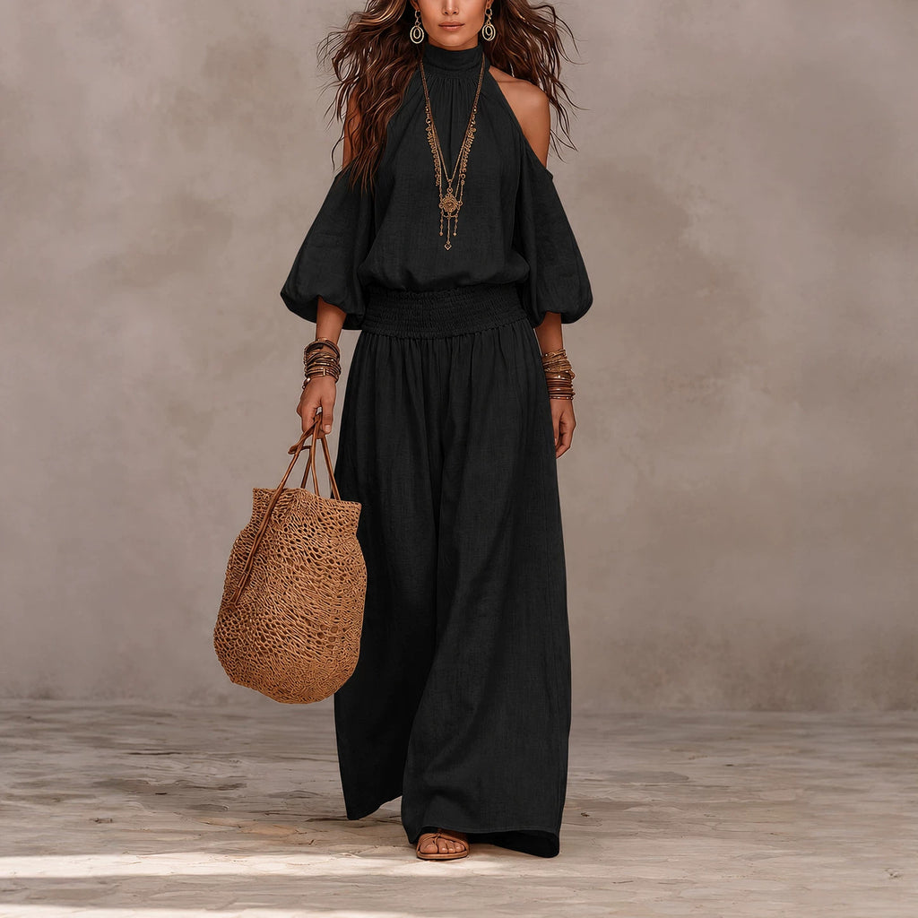 Womens Fashionable Casual Round-Neck Loose-Fit Long-Sleeve Hollow-Out Top And Pleated Pants Set – Premium 0 | RICALOUX