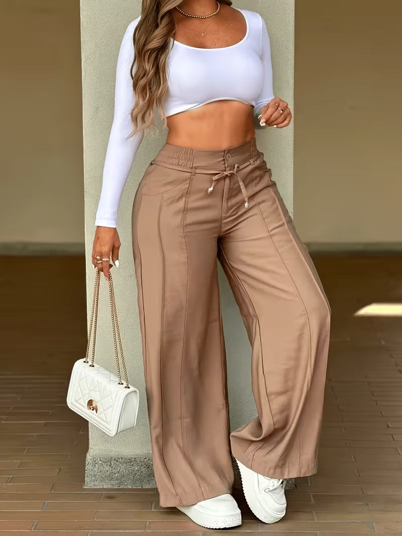 Lace-up Trousers Loose-fit Drawstring Wide-leg Pants With Multiple Pockets by Ricaloux
