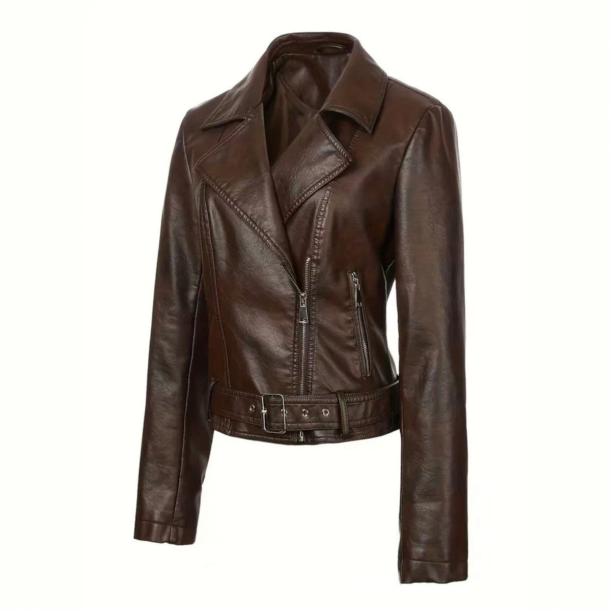 Womens Short Lapel-collar Leather Jacket In A Biker Style by Ricaloux
