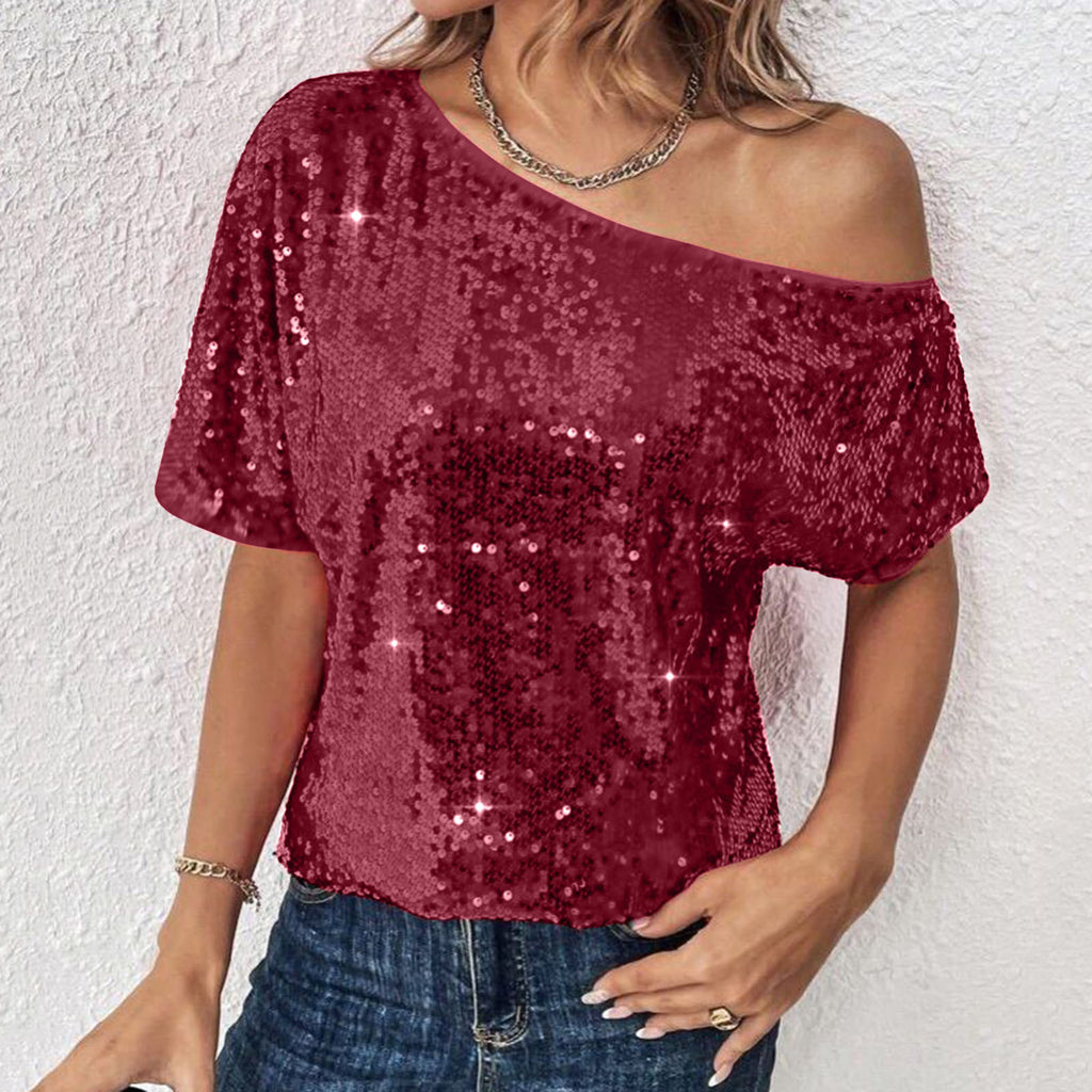 Womens Casual Solid-Color Loose Off-Shoulder Sequin T-Shirt by Ricaloux