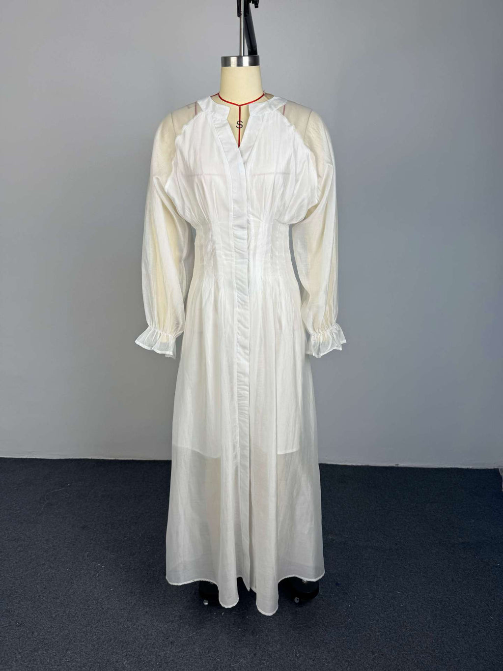 Puff Long Sleeve Gathered Waist Button Front Flowy Dress by Ricaloux