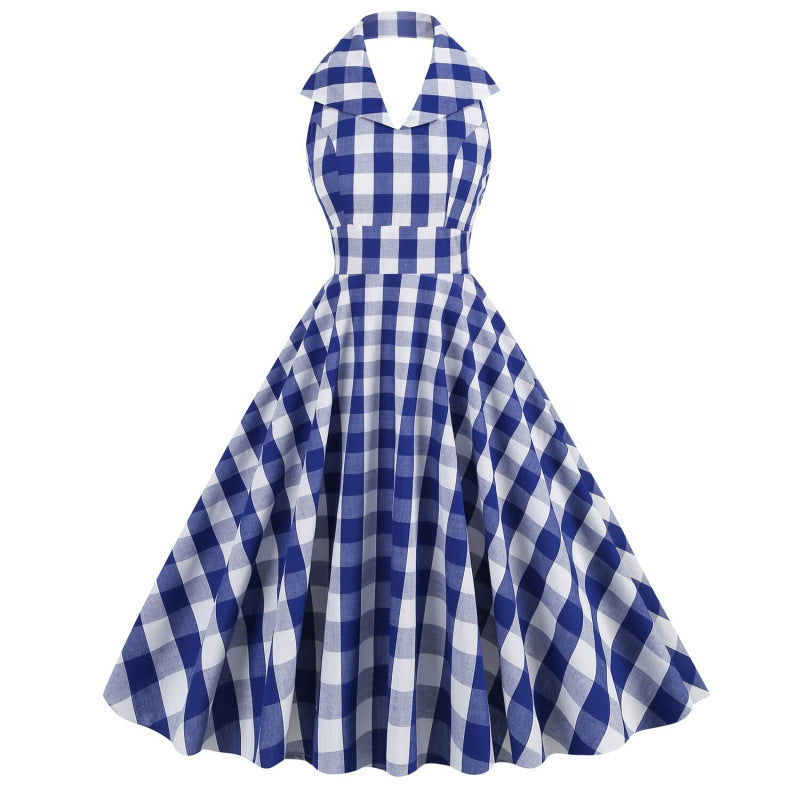 British-style Halter-neck Notched-colla Flared Maxi Dress by Ricaloux