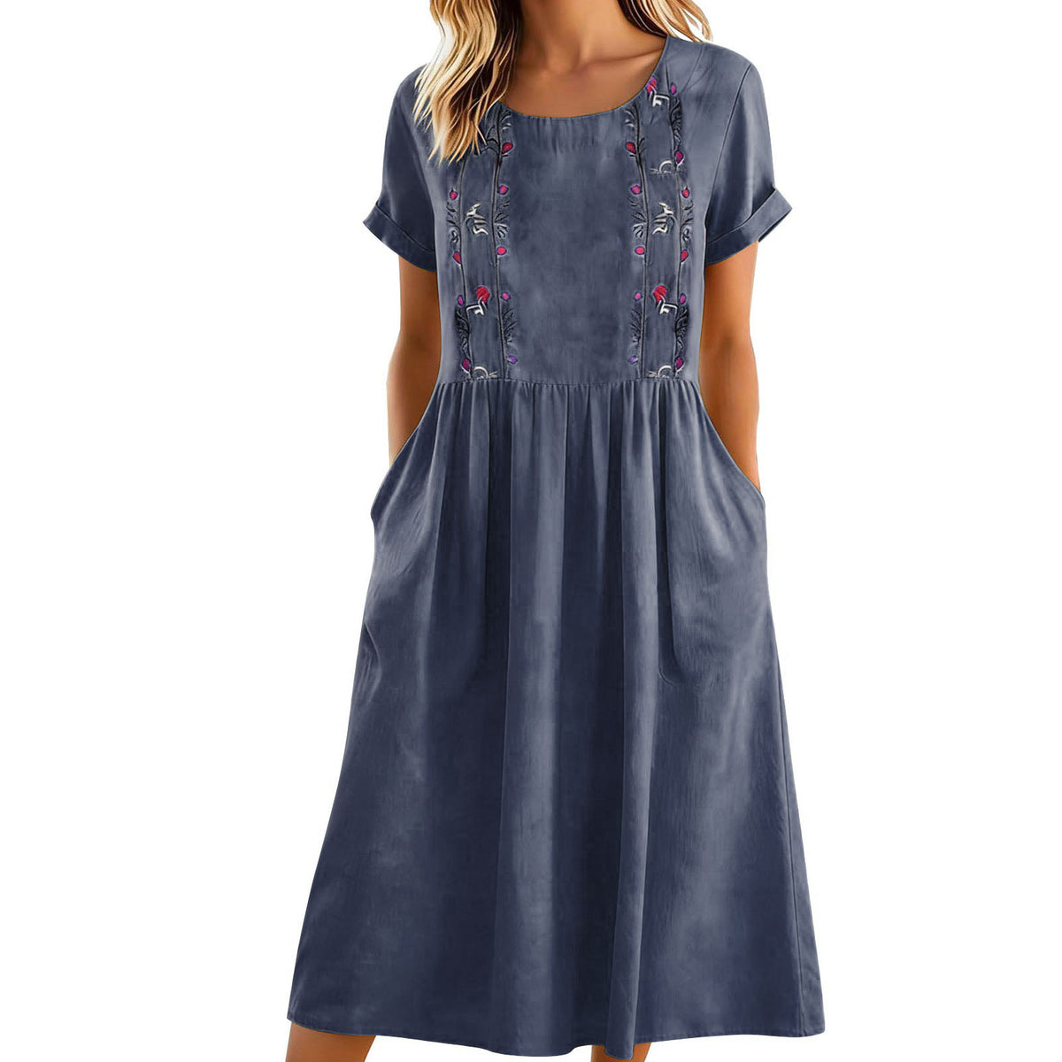 Womens Embroidered Crew-Neck Cotton-Linen Pinafore Dress by Ricaloux