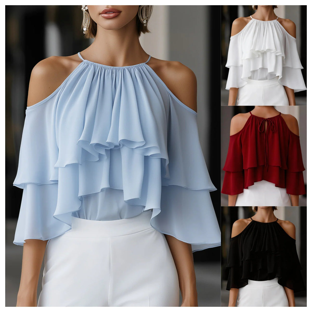 Summer Stylish And Elegant Versatile Off-shoulder Ruffled Chiffon Blouse – Premium 0 | RICALOUX