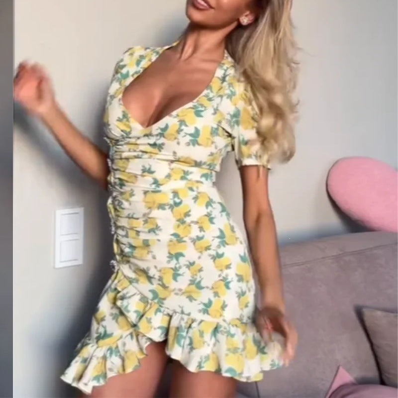 Sweet And Fresh V-neck Printed Ruffled Dress by Ricaloux