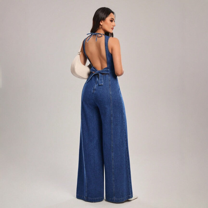 Denim Overalls Sleeveless Wide-leg Slim-fit Suspender Pants by Ricaloux