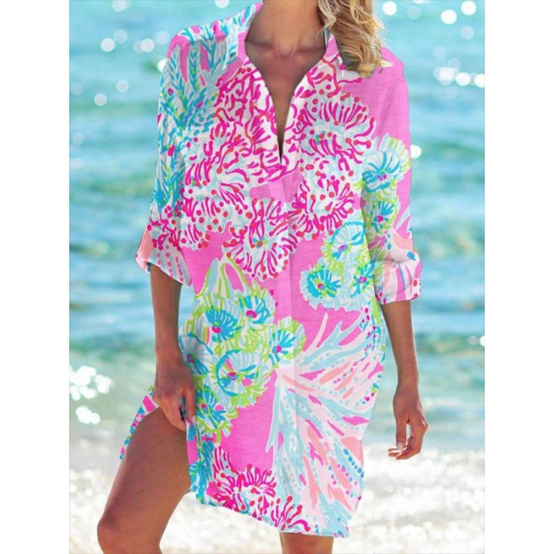 Womens Summer Printed Shirt Resort Beach Blouse – Premium 0 | RICALOUX