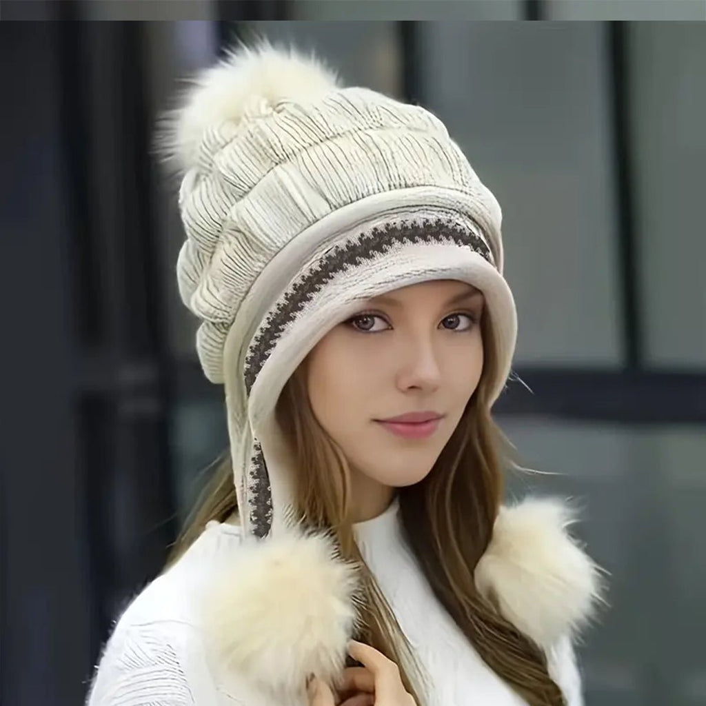 Cozy Knit Fleece-Feel Beanie With Ear Flaps & Pompom Warm Winter Hat For Women Perfect For Skiing & Outdoor Activities - RICALOUX