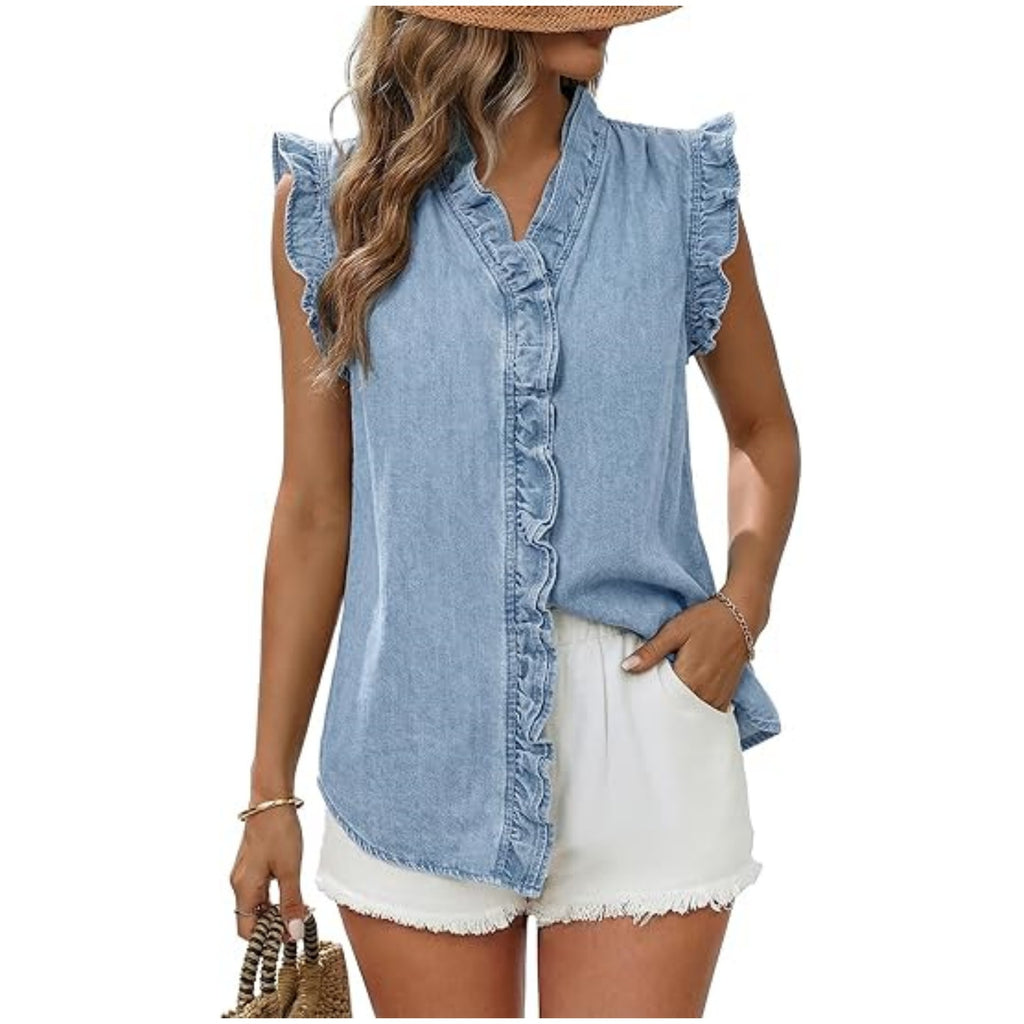 Womens Summer Casual Washed Denim Vest Top by Ricaloux