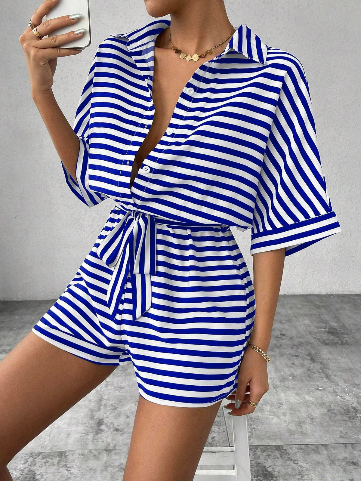 Women's Short Sleeve Striped Short Jumpsuit, Button Front Design With Waist Belt – Premium 4 | RICALOUX