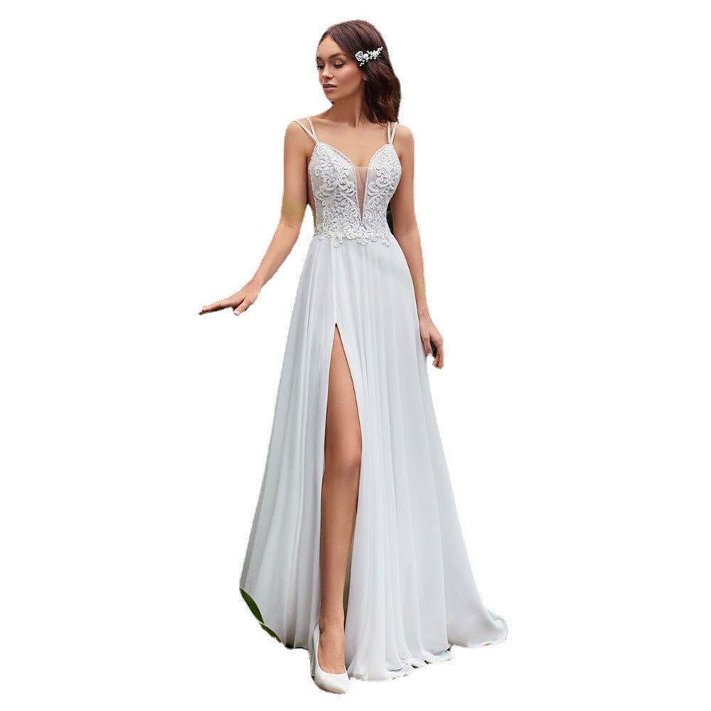 Sexy Side Slit A-Line Wedding Dresses Boho Beading Spaghetti Straps Sleeveless Lace Appliques Backless Chiffon Bridal Dresses - RICALOUX