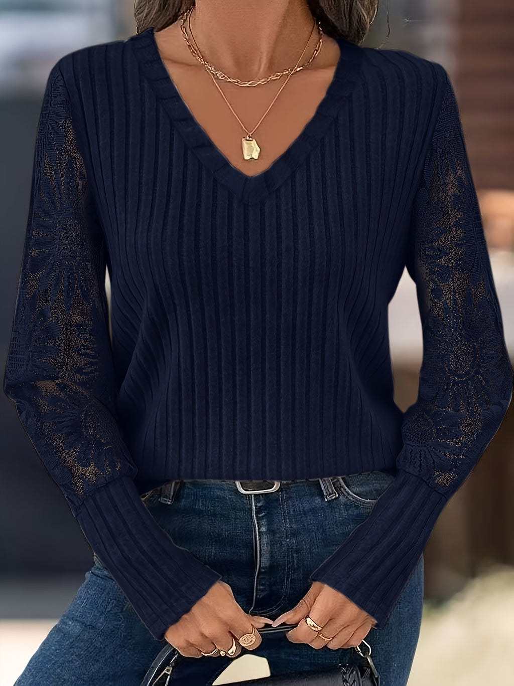 Knitted Patchwork Lace Long-sleeved Top by Ricaloux