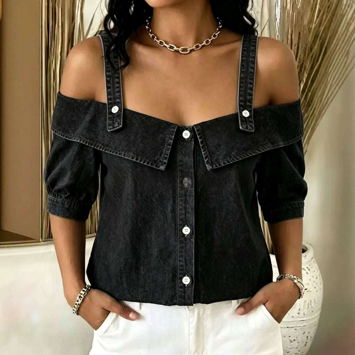 Womens Lapel Denim Washed Top With Suspenders – Premium 0 | RICALOUX