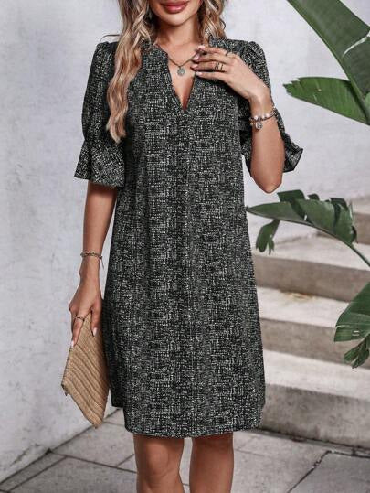 Printed V-neck Loose-fit Pleated Three-quarter-sleeve Dress by Ricaloux