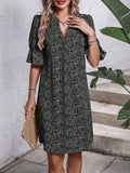 Printed V-neck Loose-fit Pleated Three-quarter-sleeve Dress by Ricaloux