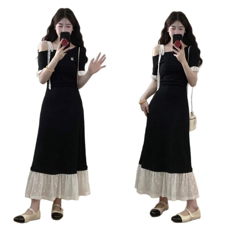 Fitted-waist Figure-flattering Long Lace-panel Dress – Premium 0 | RICALOUX