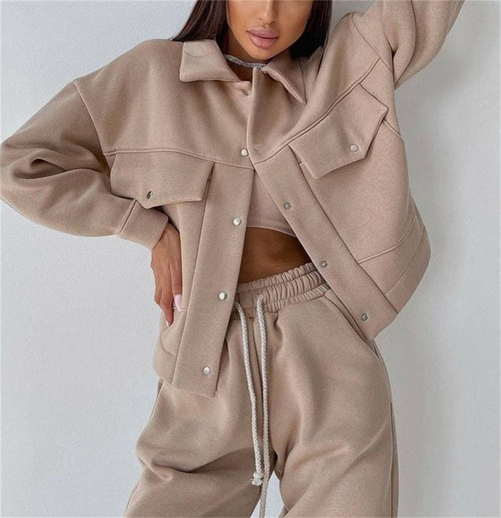 Casual Long-sleeve Two-piece Set Single-breasted Jacket And Sweatshirt by Ricaloux