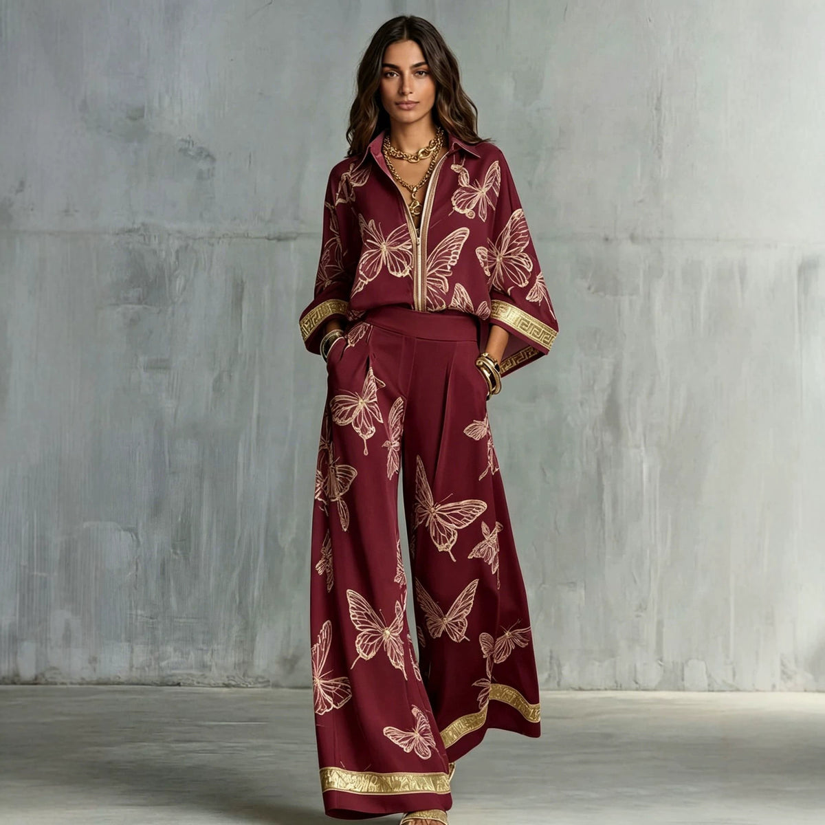 Womens Printed Loose-Fit Zip-Up Top And Wide-Leg Pants Two-Piece Set by Ricaloux