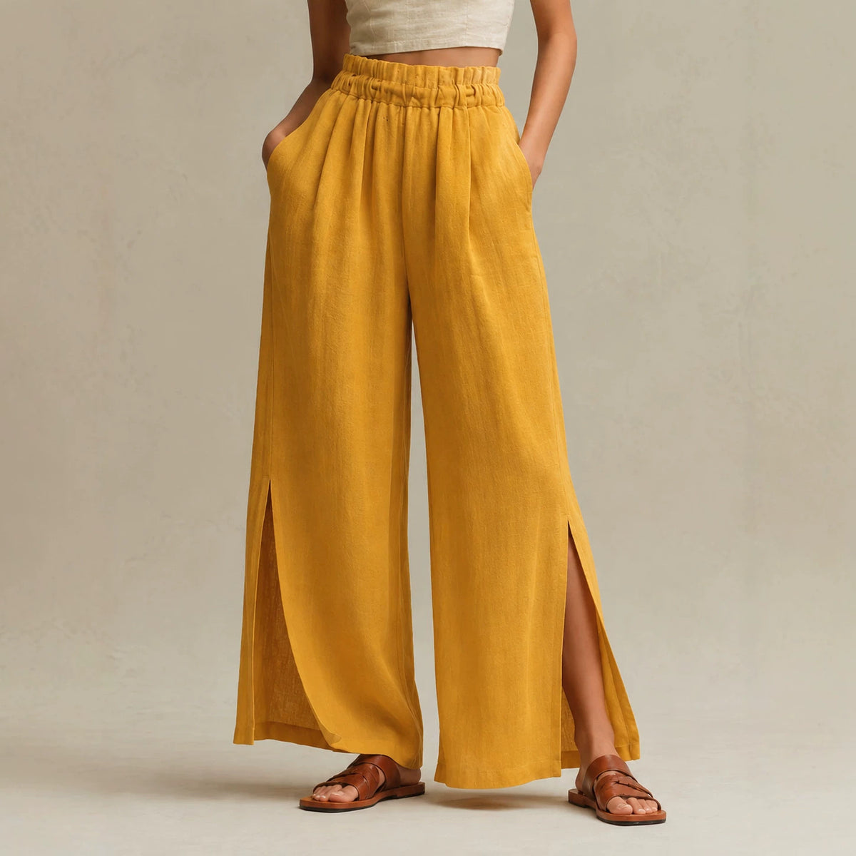 Womens Casual High-waisted Trousers With An Elastic Waist And Side Slits by Ricaloux