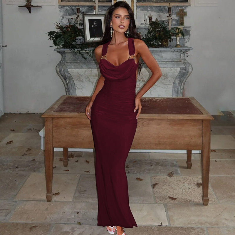 Fashionable And Sexy Backless Pleated Slim-fit Strap Dress by Ricaloux
