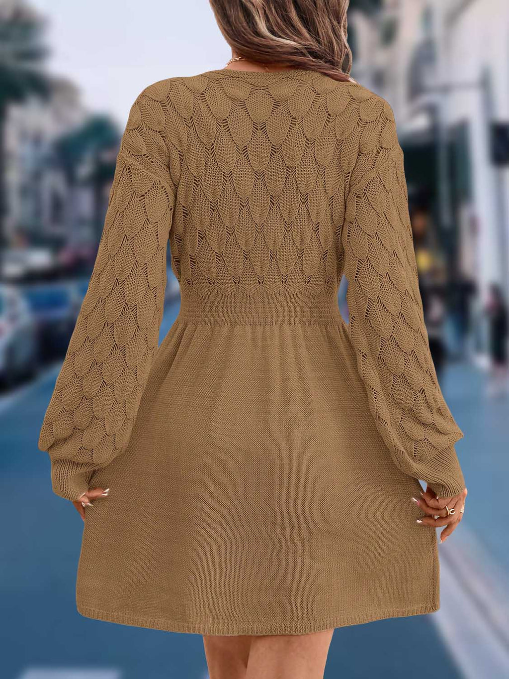 2025 Cross-Border Women V Neck Maxi Beach Dress, 3D Scale Textured Crochet Knit Long Sleeve A-Line Swim Cover Up Dress For Summer Vacation by Ricaloux