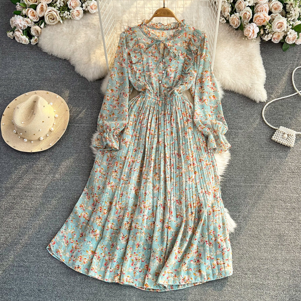 Womens Casual Round-neck Chiffon Dress With Ruffled Trim And Floral Print by Ricaloux