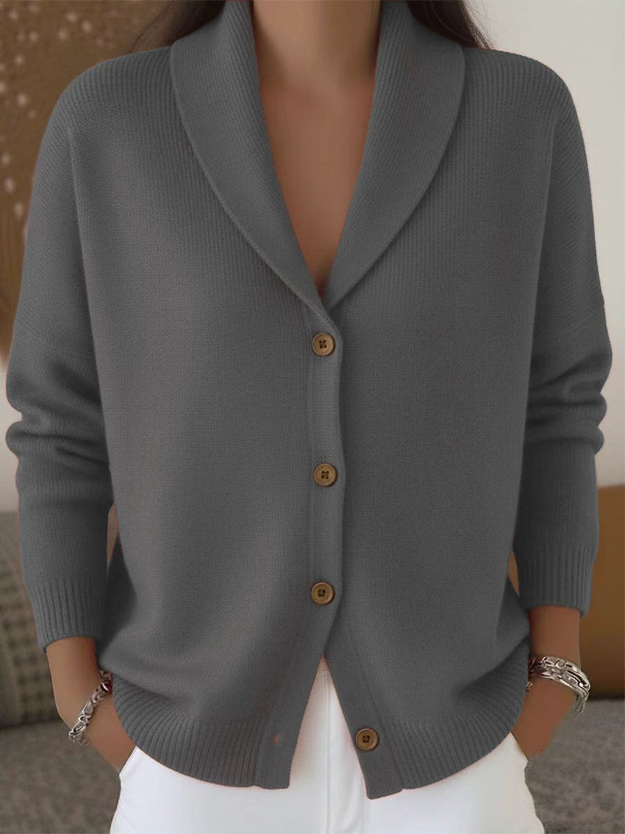 Womens Knitted Cardigan Loose-Fit Lazy Style Soft And Cozy Notch Lapel Solid Color Long-Sleeve Sweater by Ricaloux