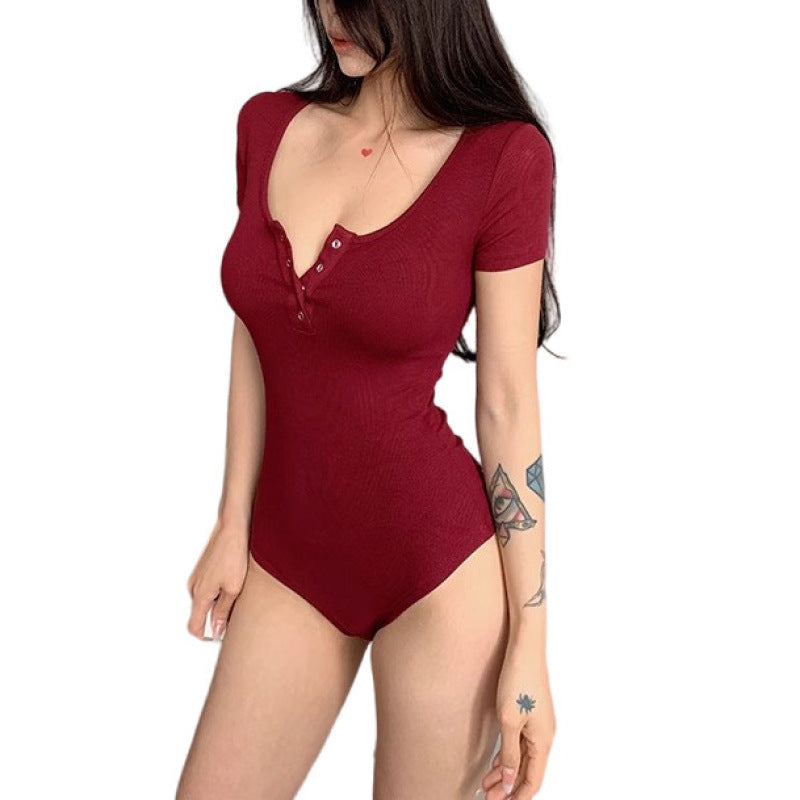 Womens Summer Breasted Jumpsuit With Crotch Buttons by Ricaloux
