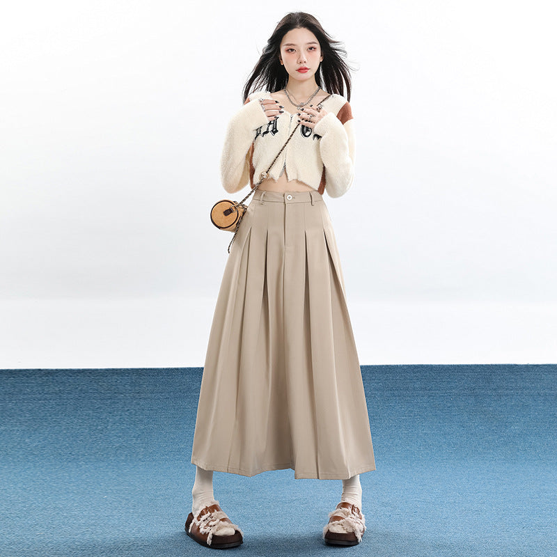 Khaki High-waisted Midi Pleated Skirt Womens Skirt by Ricaloux