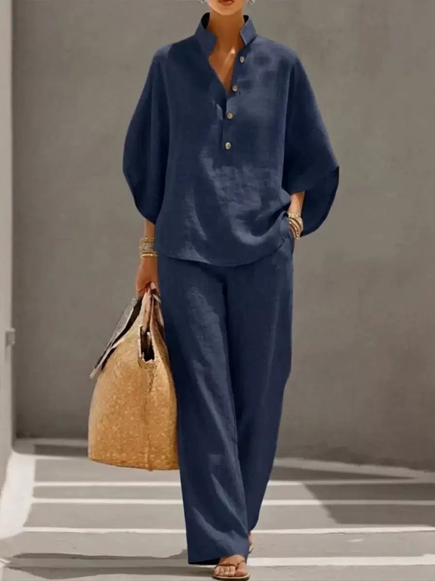 Linen Blend Stand Collar Half Button Batwing Sleeve Top & Wide Leg Pants Casual Two Piece Vacation Outfit Set – Premium 4 | RICALOUX