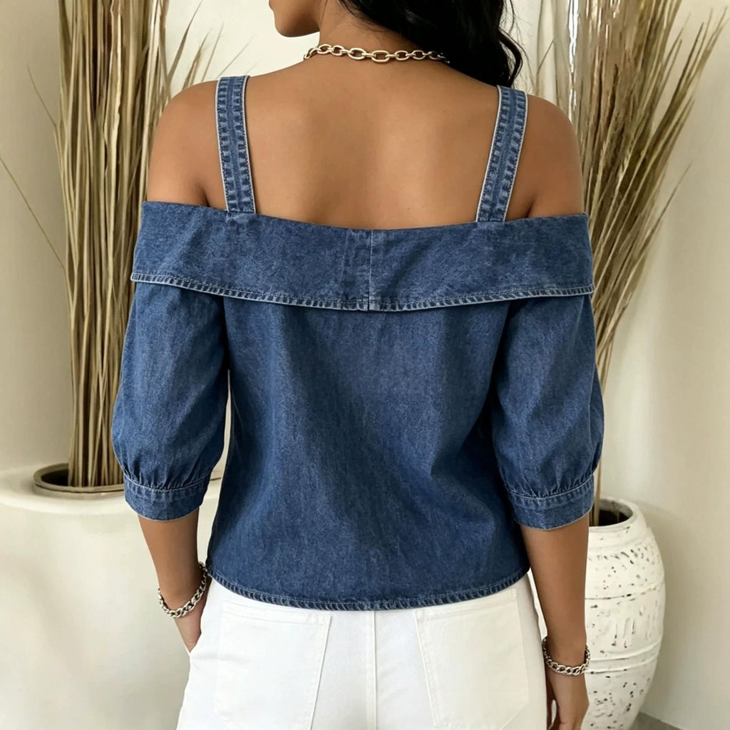 Womens Lapel Denim Washed Top With Suspenders – Premium 0 | RICALOUX