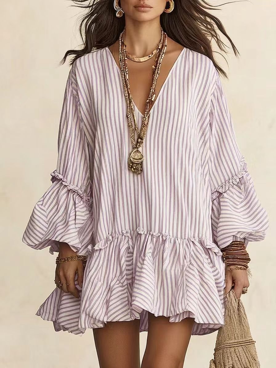 Womens Striped Print V-Neck Long-Sleeve Dress by Ricaloux