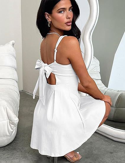 Womens Sleeveless Square-Neck Mini Dress With Adjustable Straps And Bow Tie by Ricaloux