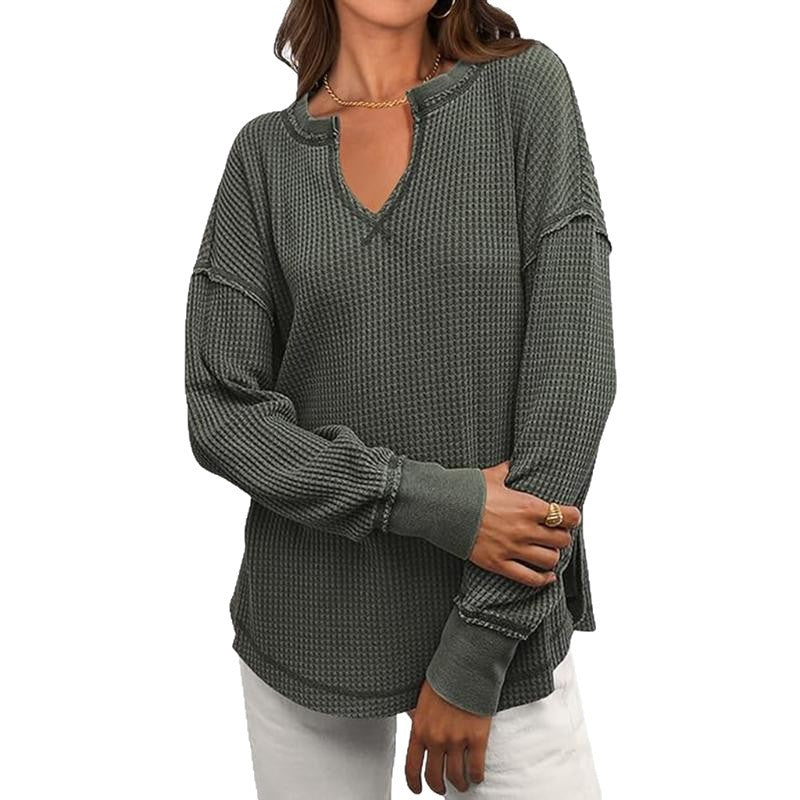 Womens AutumnWinter Casual Knitted Sweater Solid-Color Long-Sleeve V-Neck Waffle-Weave Hoodie Top by Ricaloux
