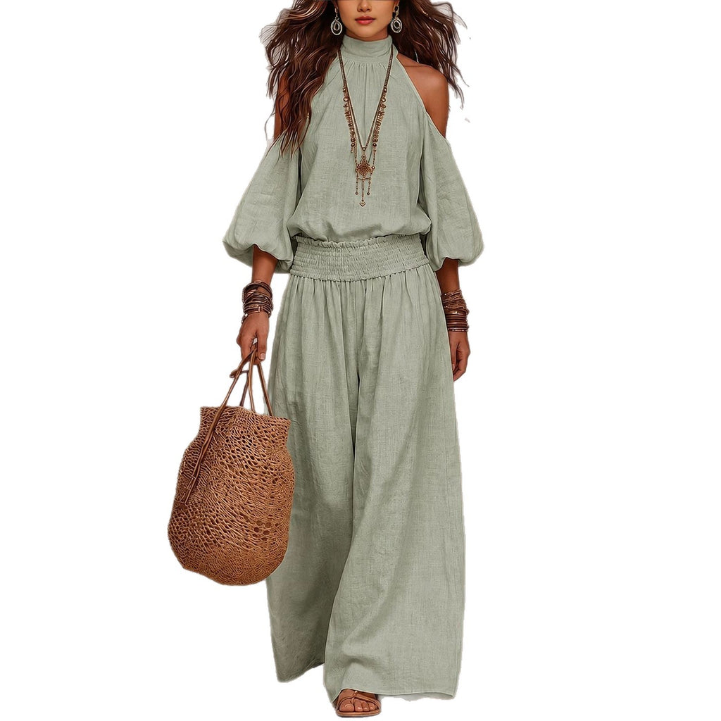 Womens Fashionable Casual Round-Neck Loose-Fit Long-Sleeve Hollow-Out Top And Pleated Pants Set – Premium 0 | RICALOUX