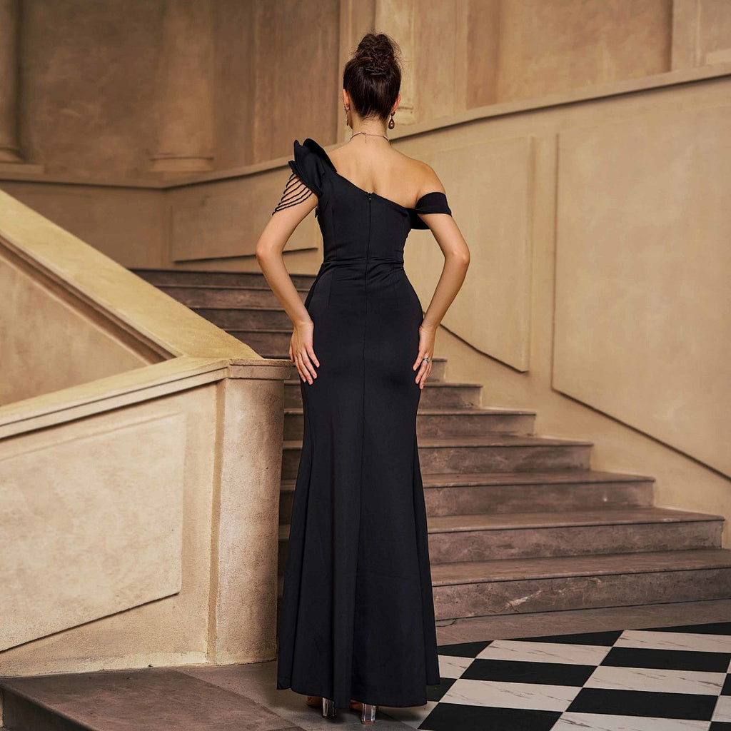 One-Shoulder Evening Gown With Beaded Arm Detail by Ricaloux
