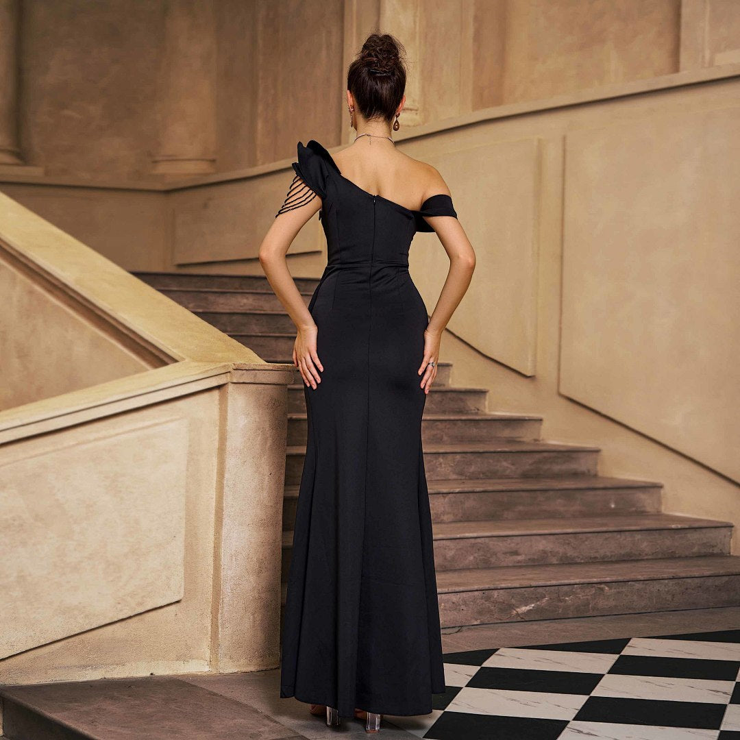 One-Shoulder Evening Gown With Beaded Arm Detail by Ricaloux