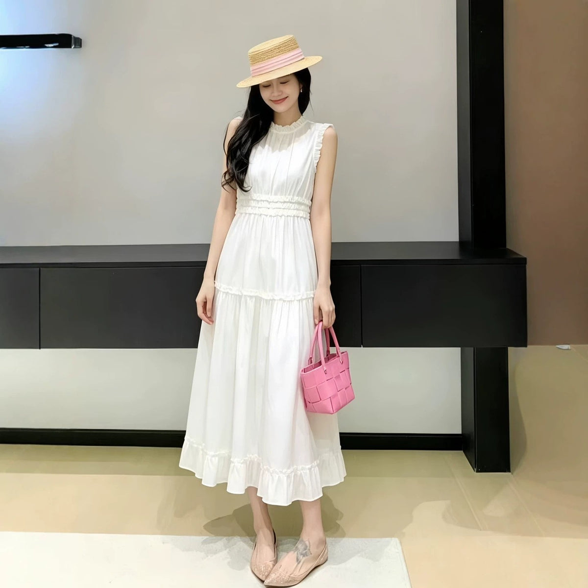 Summer French-style Pale Yellow Womens Sleeveless Dress With Ruffled Trim – Premium 0 | RICALOUX