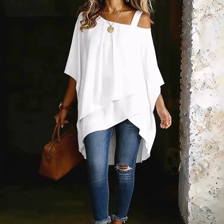 Womens Solid-color Asymmetric Off-shoulder Top – Premium 0 | RICALOUX