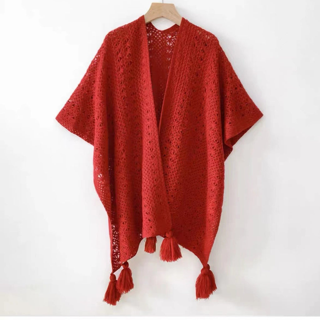 Womens Knitted Tassel-Trimmed Open-Front Cape For Photos – Premium 0 | RICALOUX