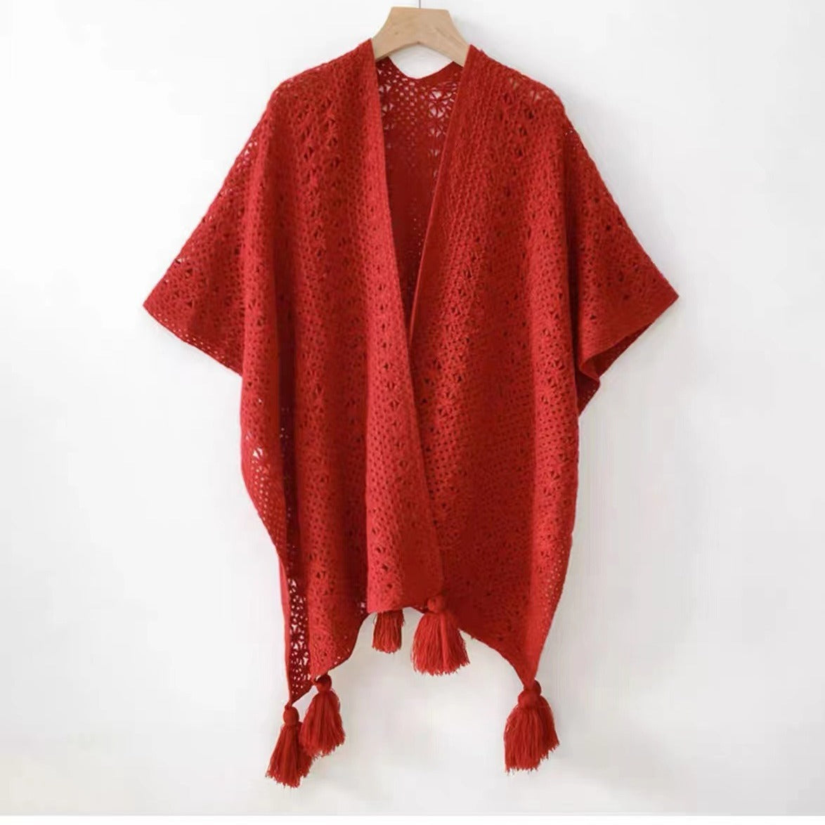 Womens Knitted Tassel-Trimmed Open-Front Cape For Photos – Premium 0 | RICALOUX