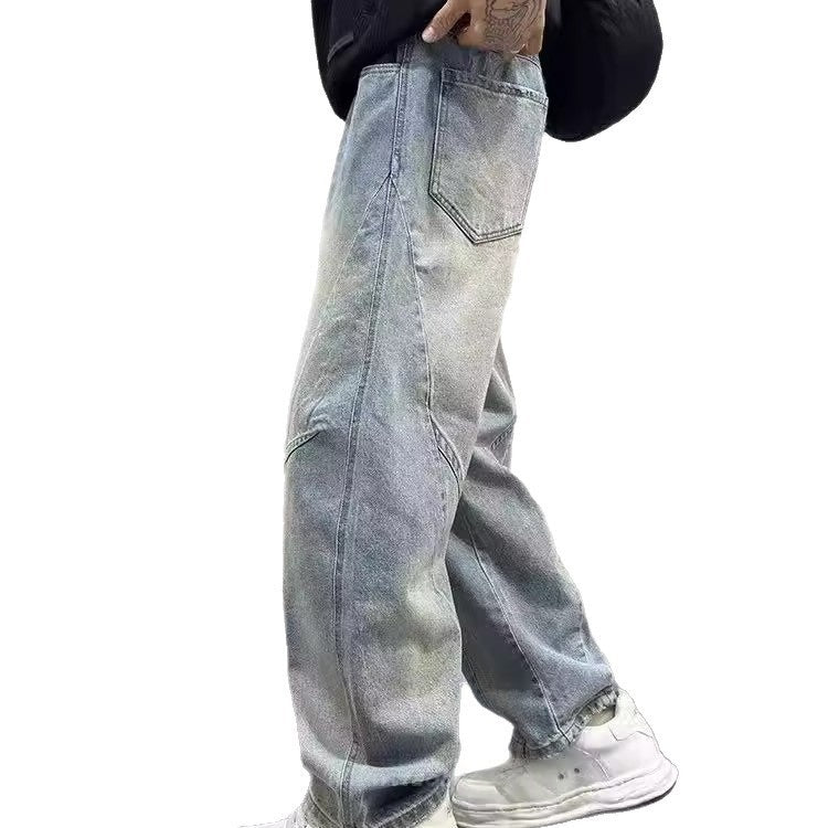 Patchwork Vintage Washed Loose Straight-leg Pants American-style Edgy And Cool Sabre-cut Trousers by Ricaloux