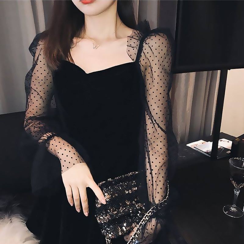 Korean-style Retro Elegant Chiffon-Sleeved A-line Dress by Ricaloux