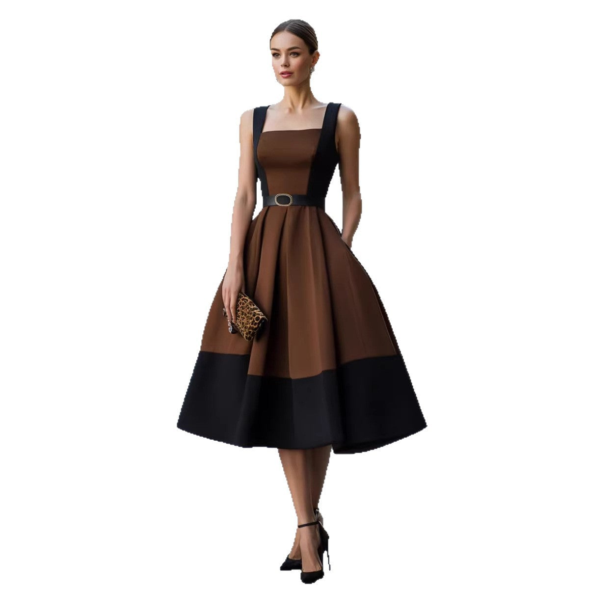 Retro-style Patchwork Wide-strap Waist-cinching Figure-flattering Refined Workwear Dress – Premium 0 | RICALOUX