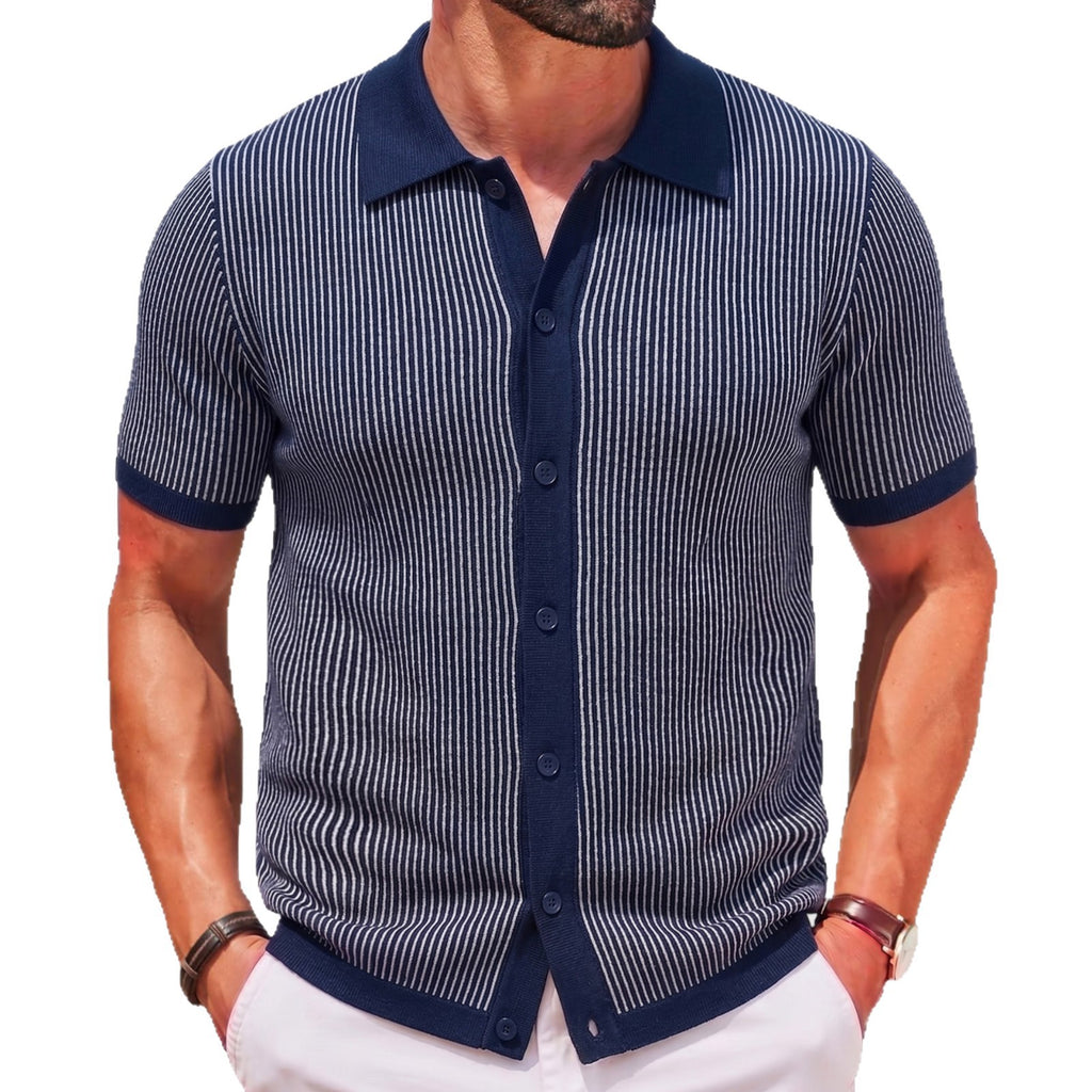 Mens Vertical-Striped Colorblock Lapel Knit Sweater – Premium 0 | RICALOUX