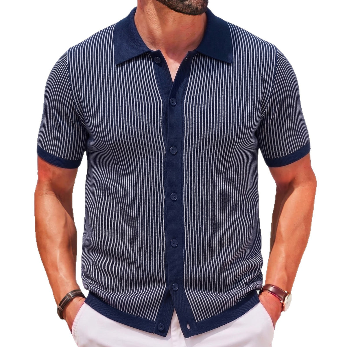 Mens Vertical-Striped Colorblock Lapel Knit Sweater – Premium 0 | RICALOUX