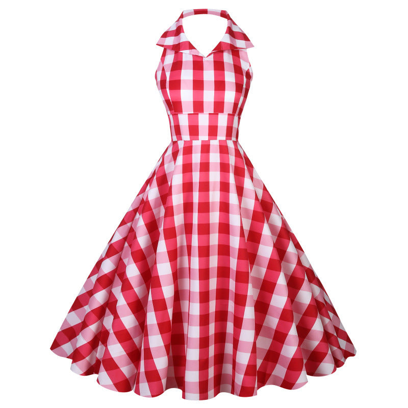 British-style Halter-neck Notched-colla Flared Maxi Dress by Ricaloux