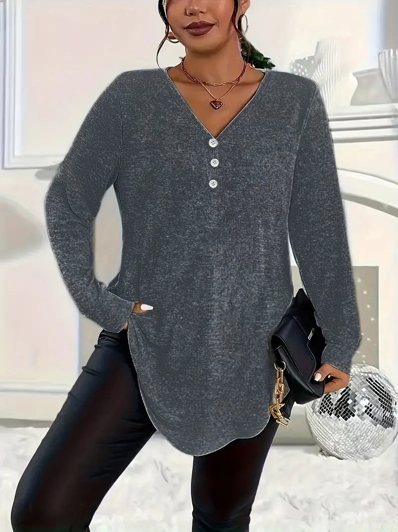 Womens Plus-Size Solid-Color Long-Sleeve Top With Buttons – Premium 0 | RICALOUX