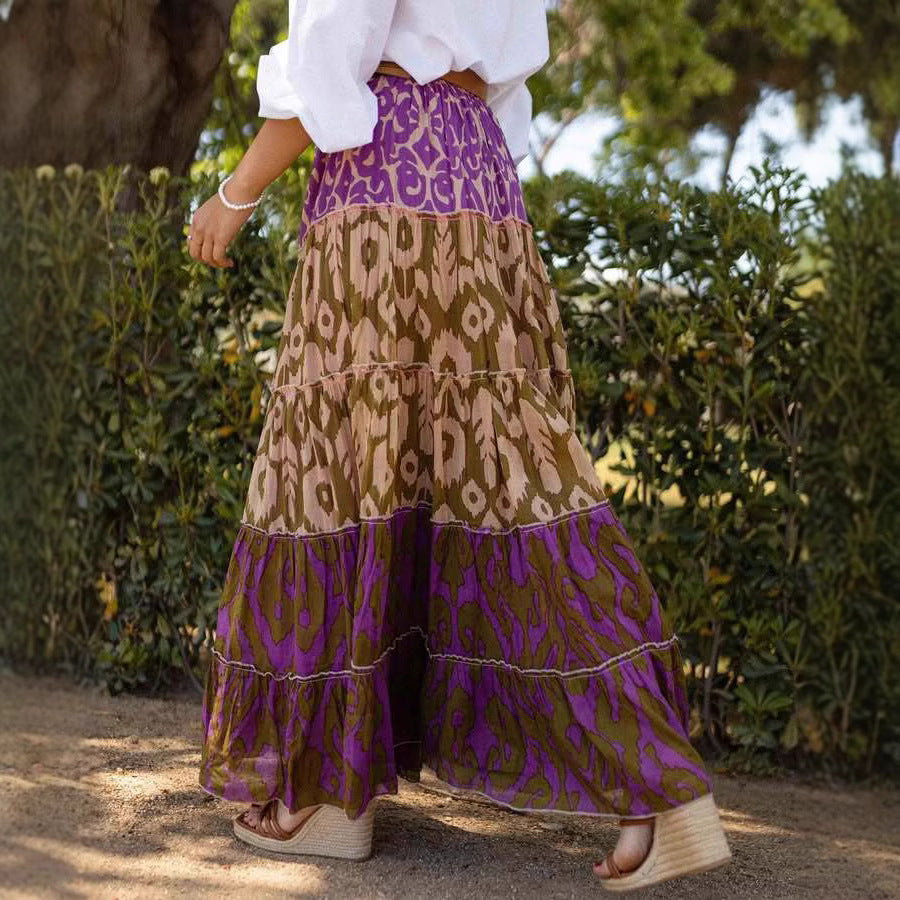 Printed Ruffled Flared Maxi Skirt by Ricaloux
